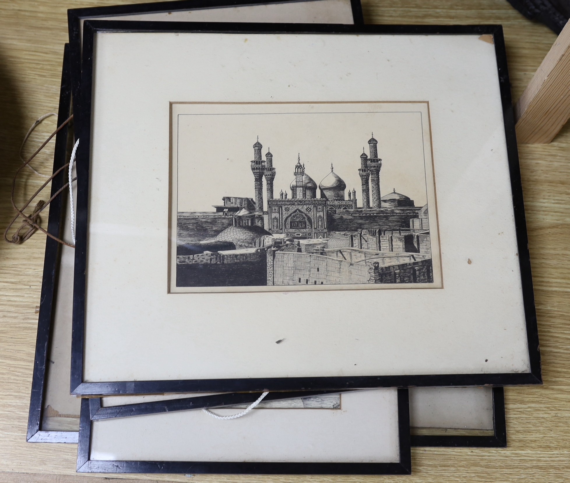 WVC 1926, four pen and ink drawings, Two men riding a camel and three views of mosques, largest 19 x 26cm